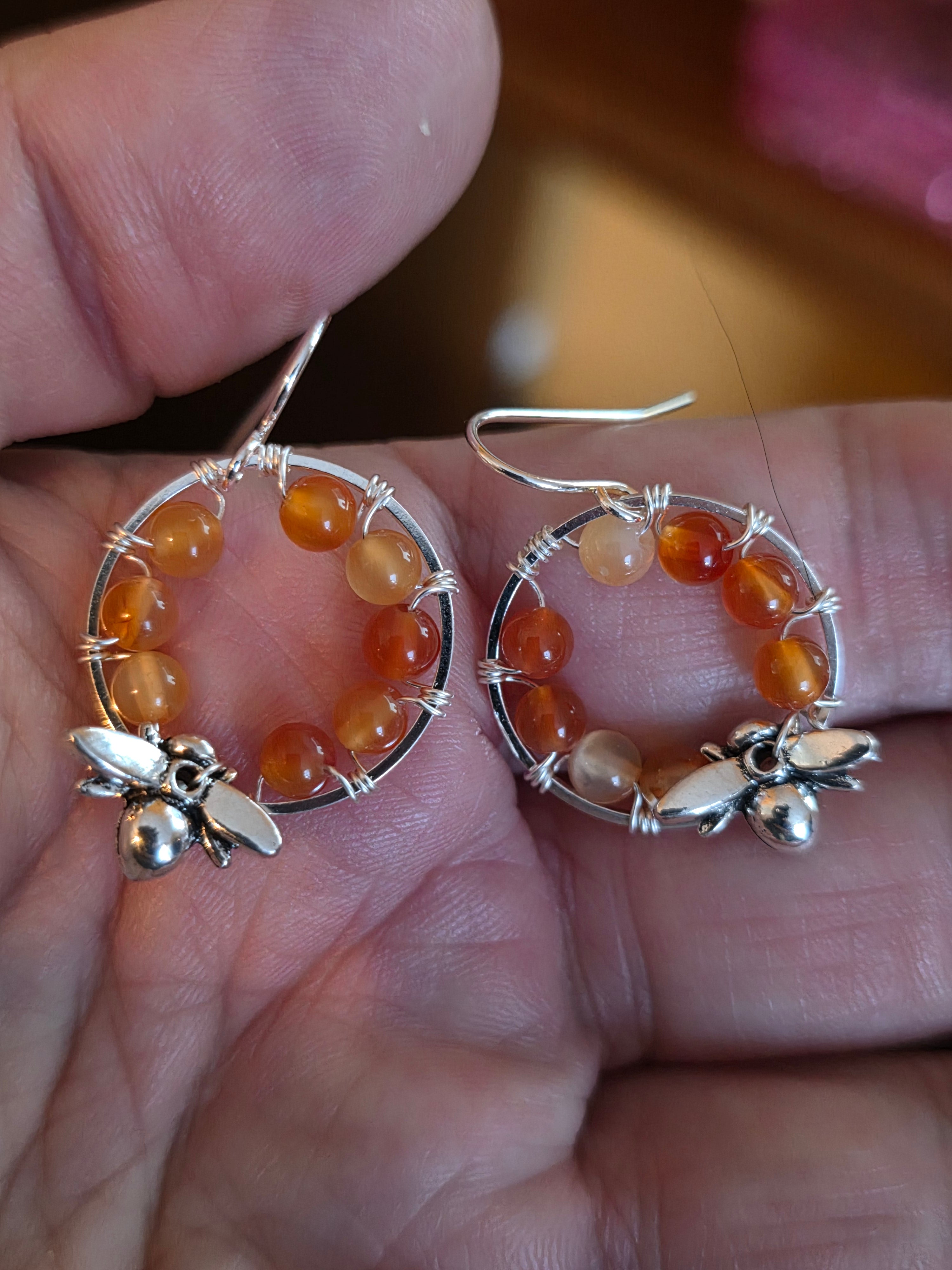 Carnelian bee circle earring