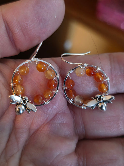 Carnelian bee circle earring