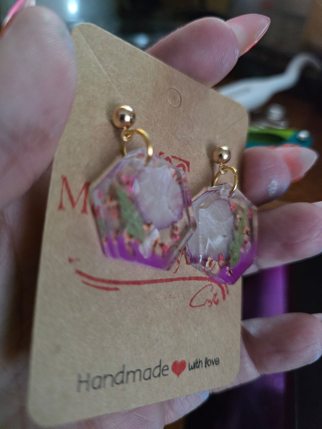 Floral resin hexagon earrings