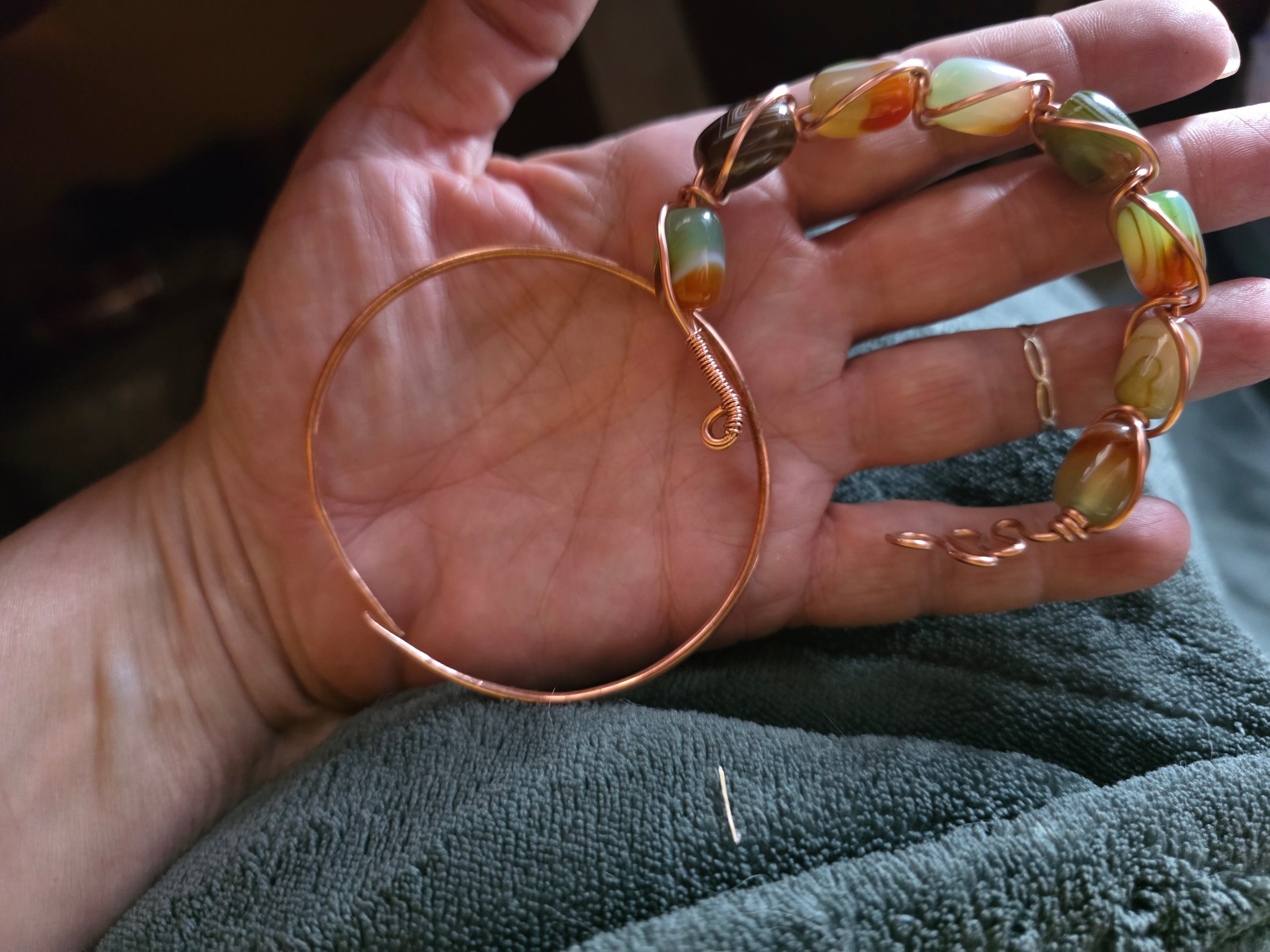 Hand wrapped copper and agate bracelet stack