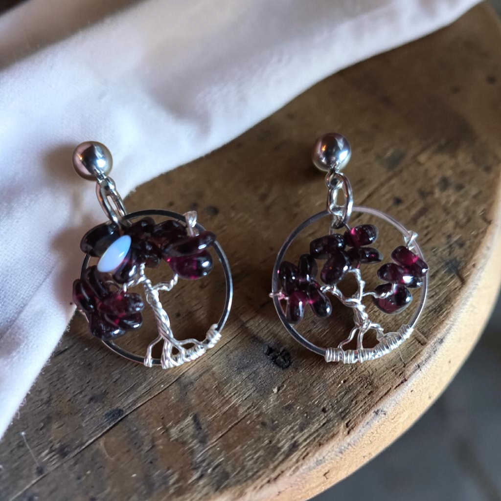 Garnet tree of life earring