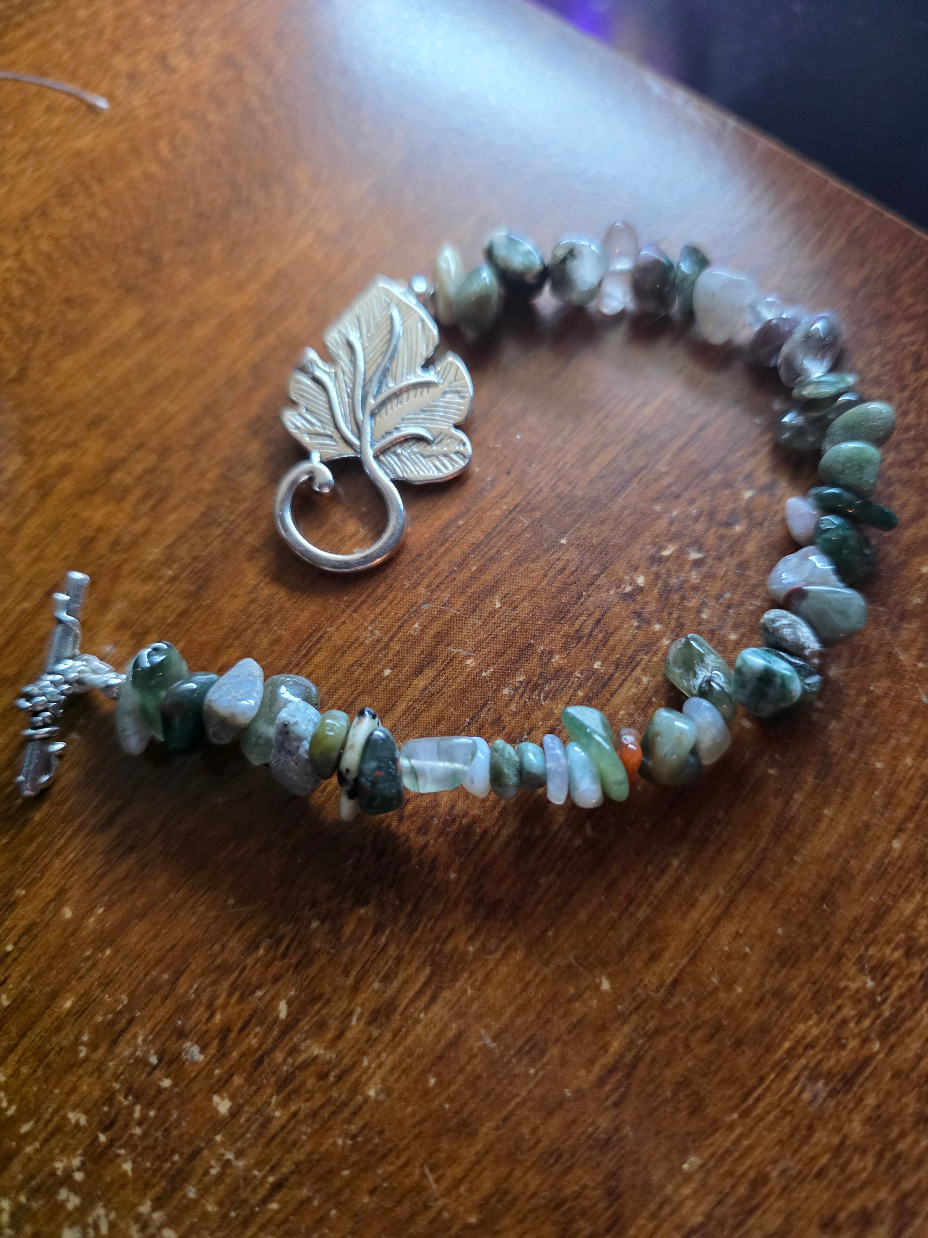 Moss Agate/ Earth Agate bracelet with large leaf clasp