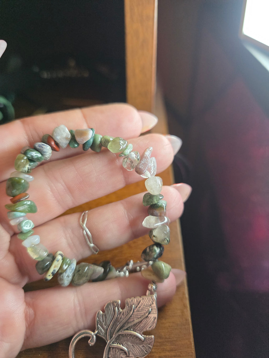 Moss Agate/ Earth Agate bracelet with large leaf clasp