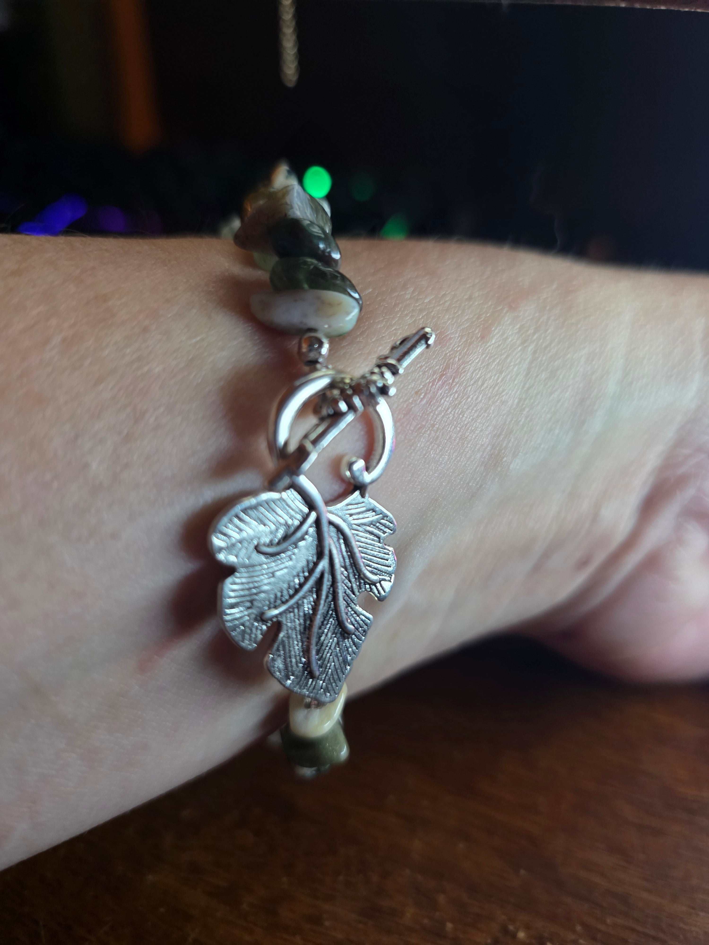 Moss Agate/ Earth Agate bracelet with large leaf clasp
