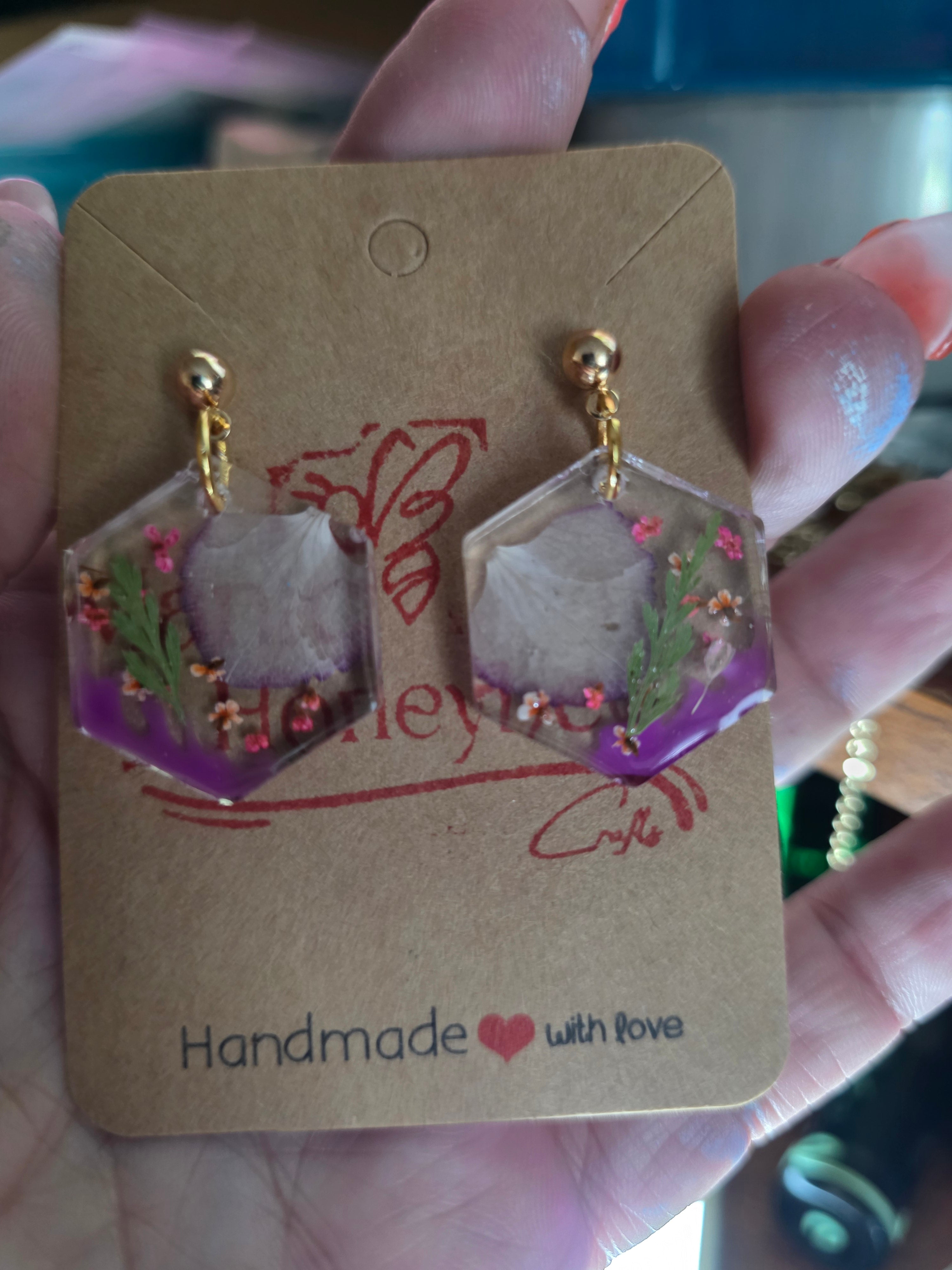 Floral resin hexagon earrings