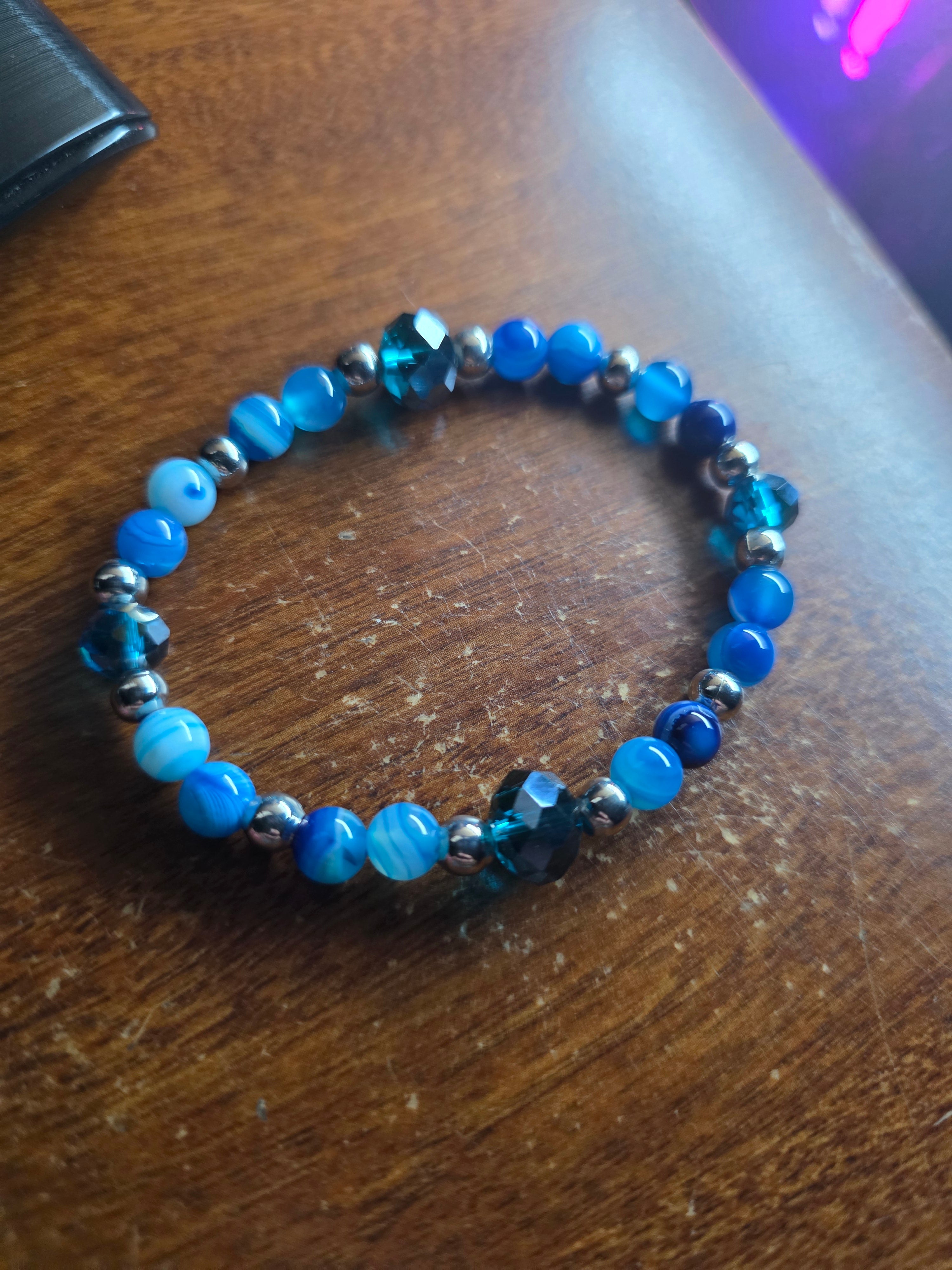 Hand made striped agate pair of stretch bracelets