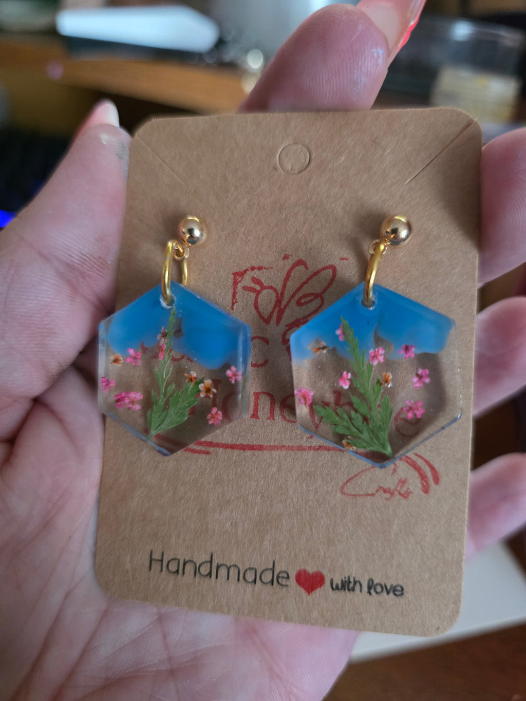 Hexagon floral resin earrings