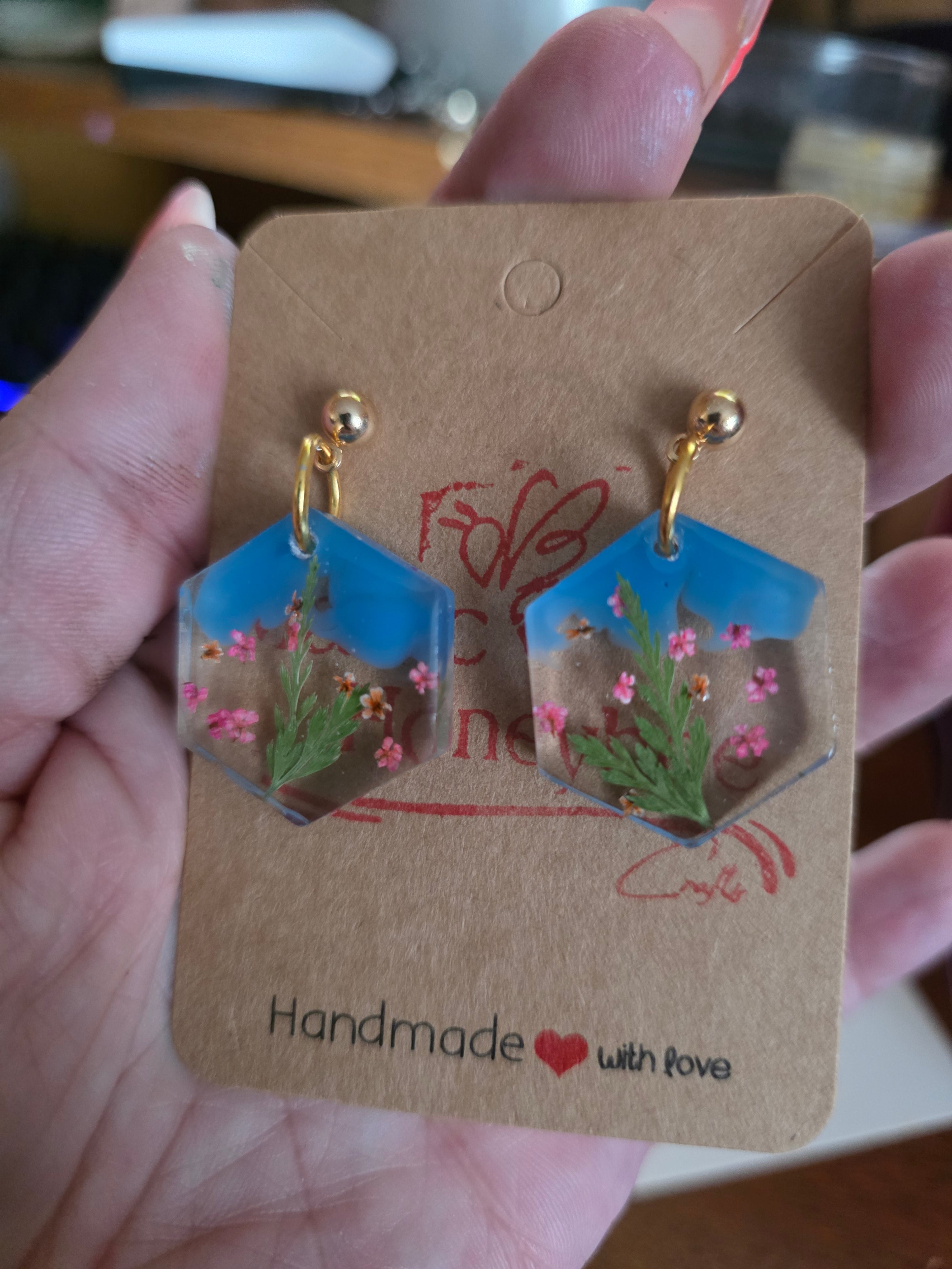 Hexagon floral resin earrings