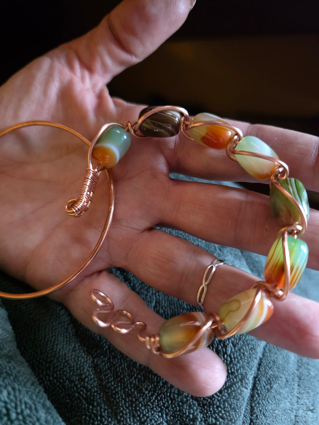Hand wrapped copper and agate bracelet stack