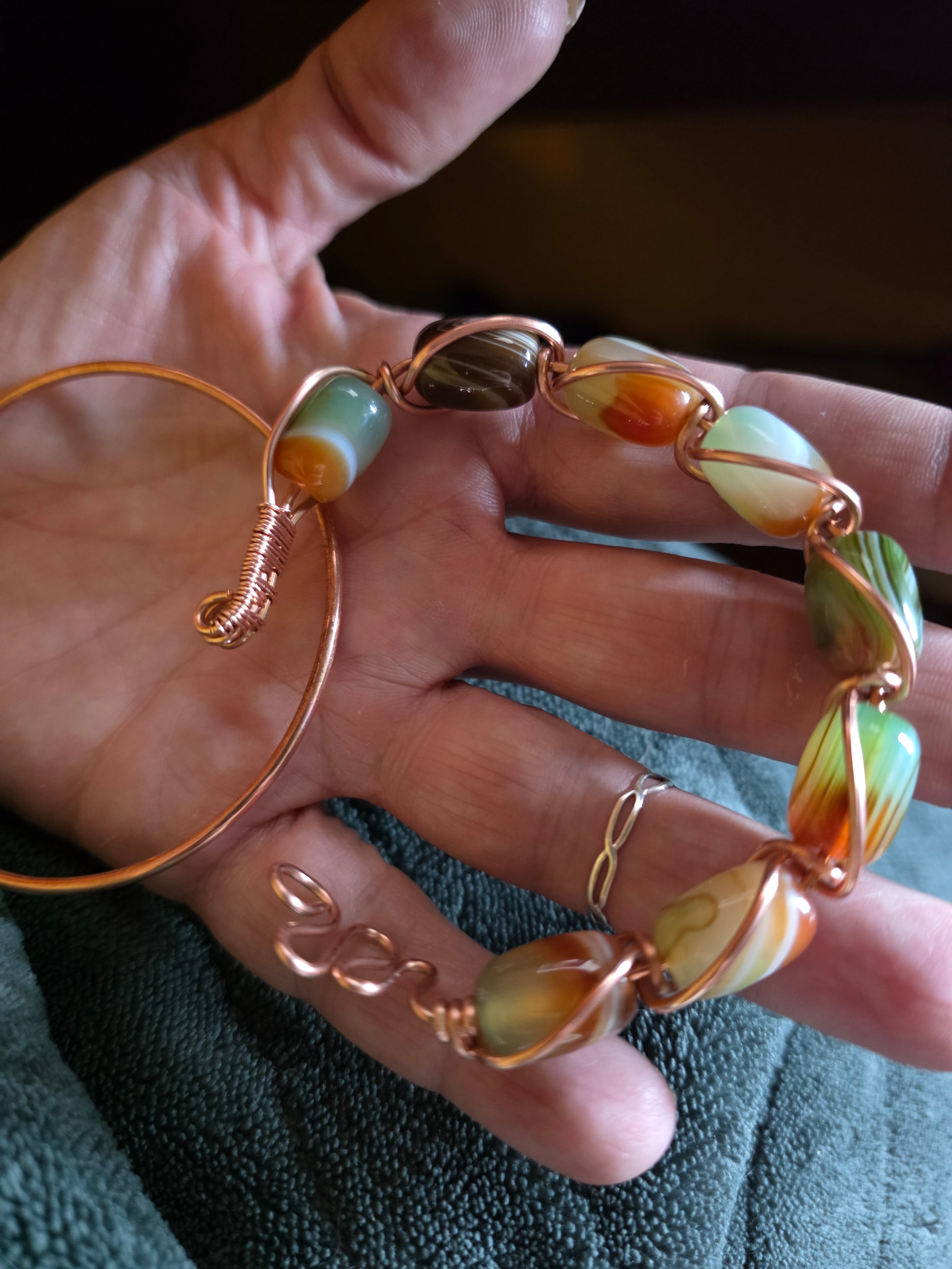Hand wrapped copper and agate bracelet stack