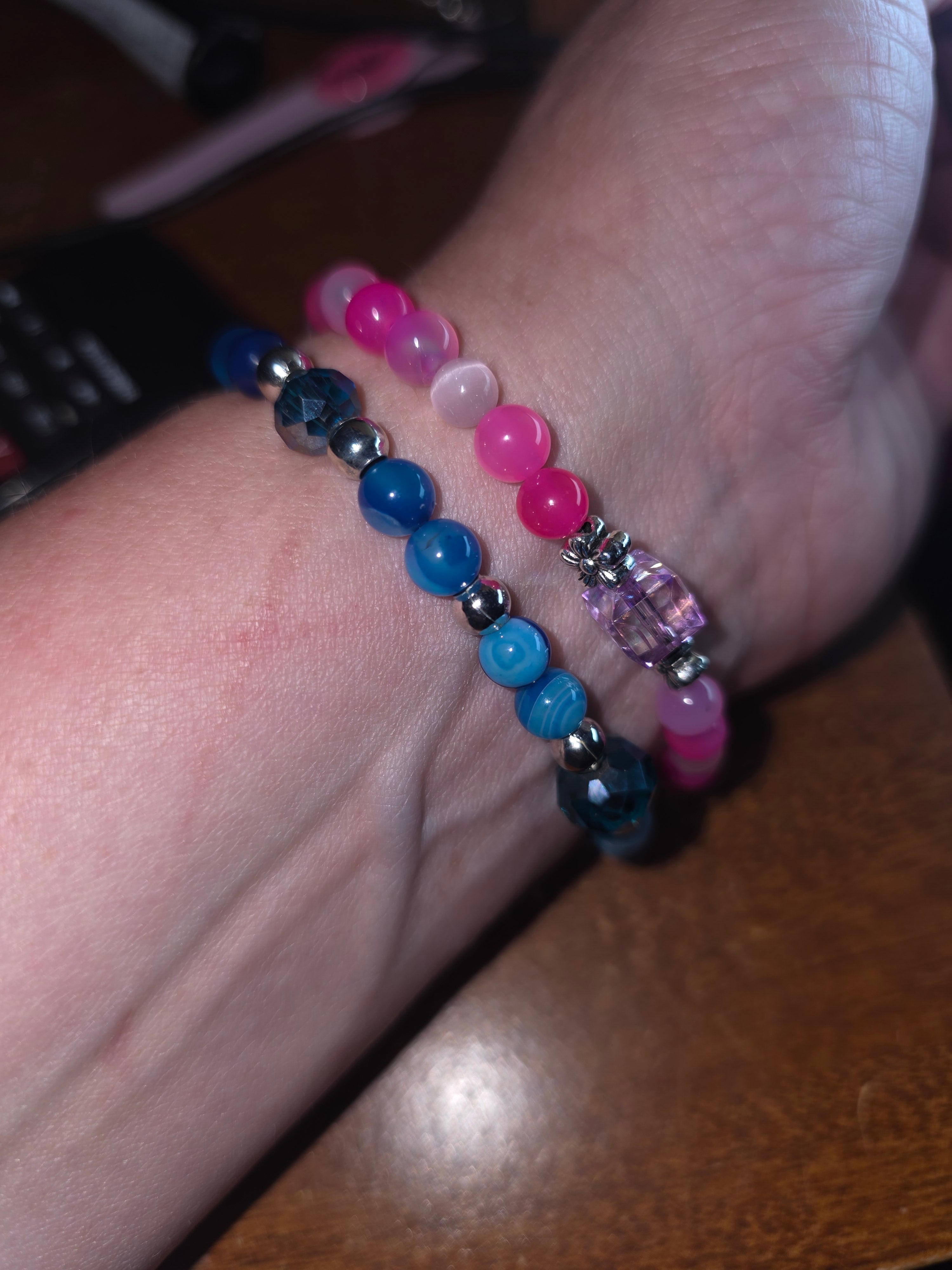 Hand made striped agate pair of stretch bracelets