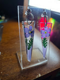 Floral elongated triangle resin earring dangle in purple