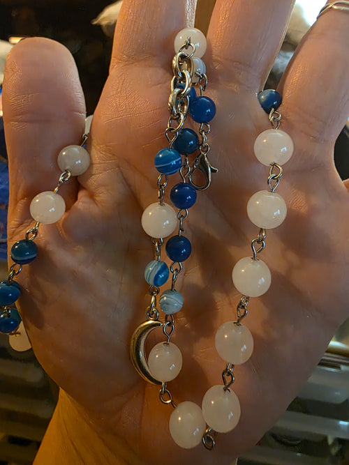 Blue striped agate necklace and earring set