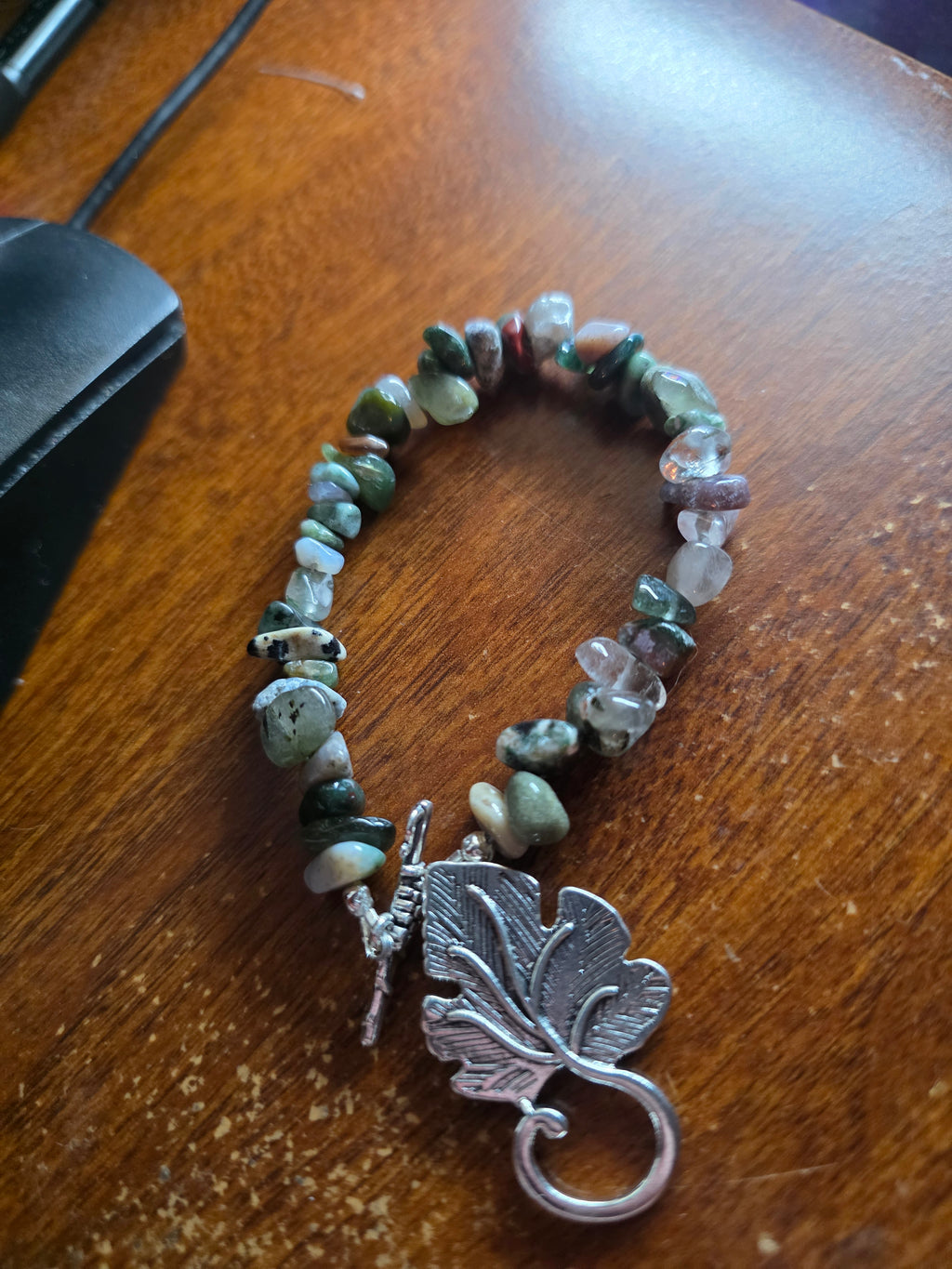 Moss Agate/ Earth Agate bracelet with large leaf clasp