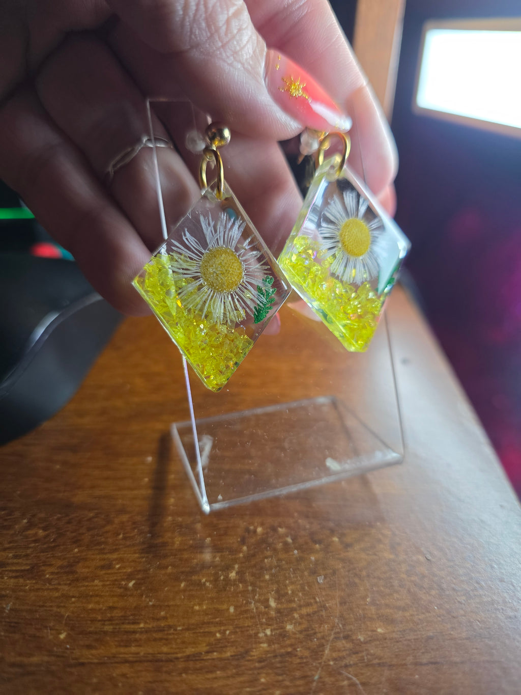 Floral resin earring dangle in yellow