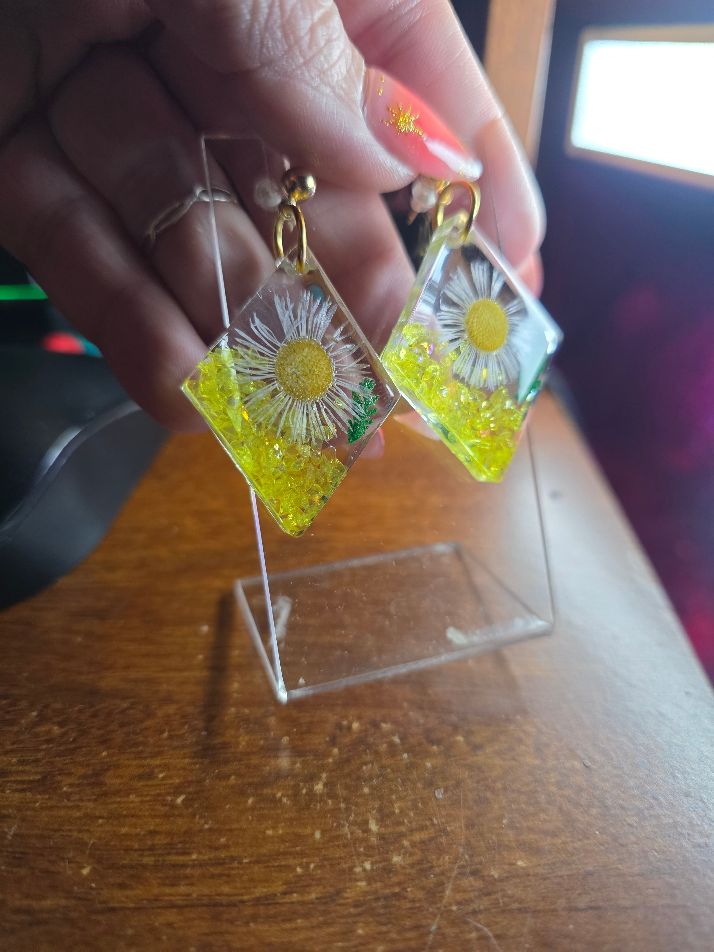 Floral resin earring dangle in yellow