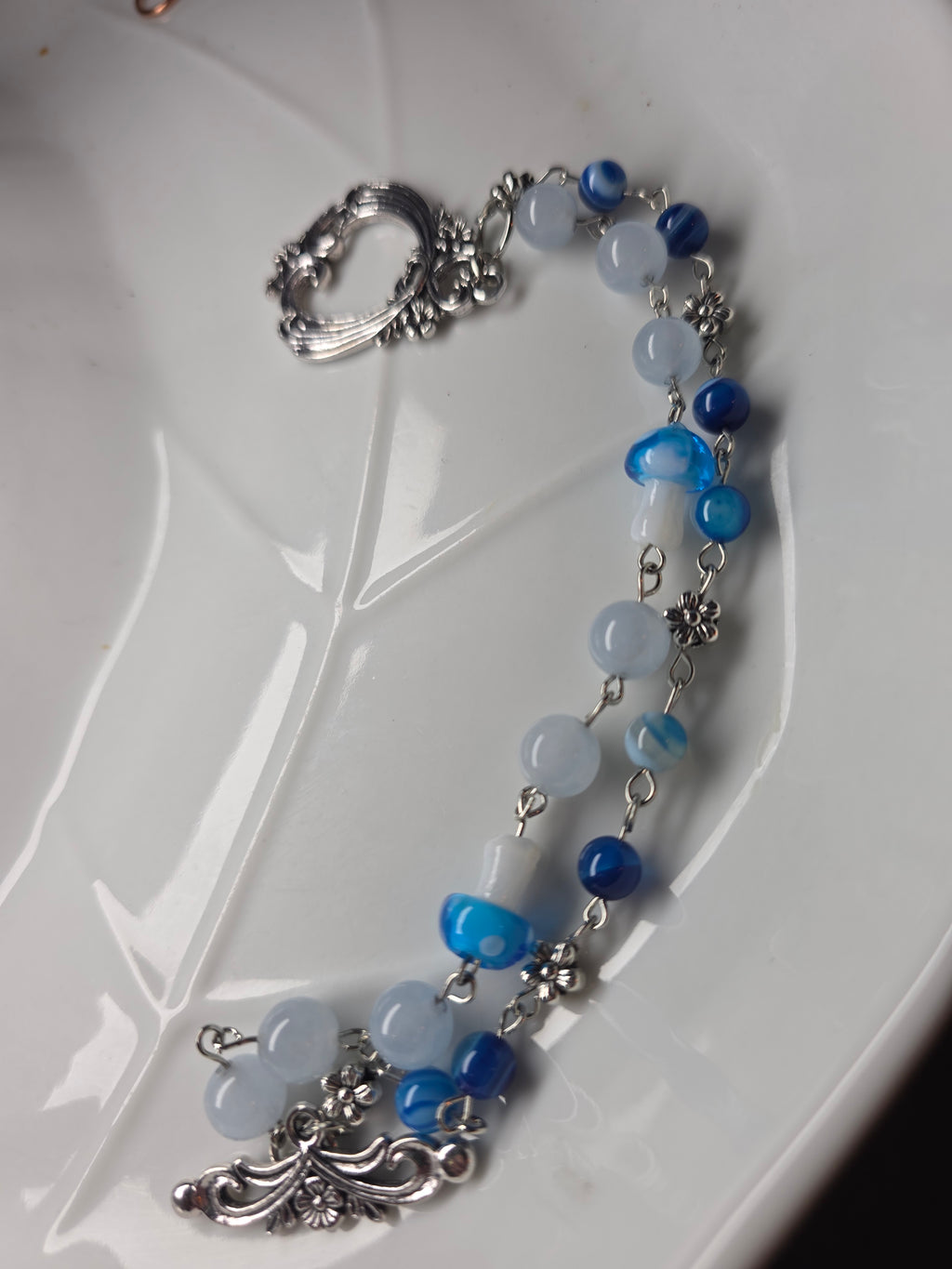 Blue striped agate and aquamarine mushroom bracelet
