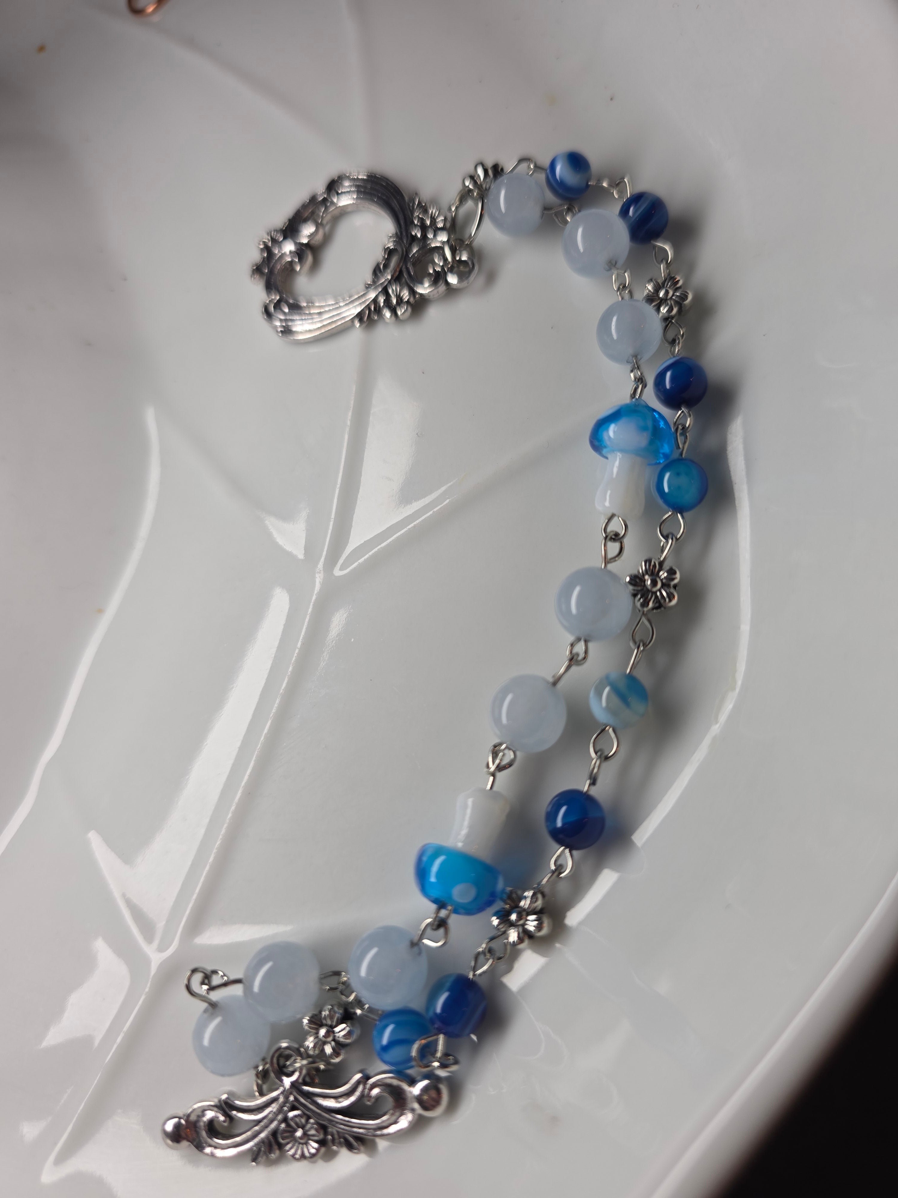 Blue striped agate and aquamarine mushroom bracelet