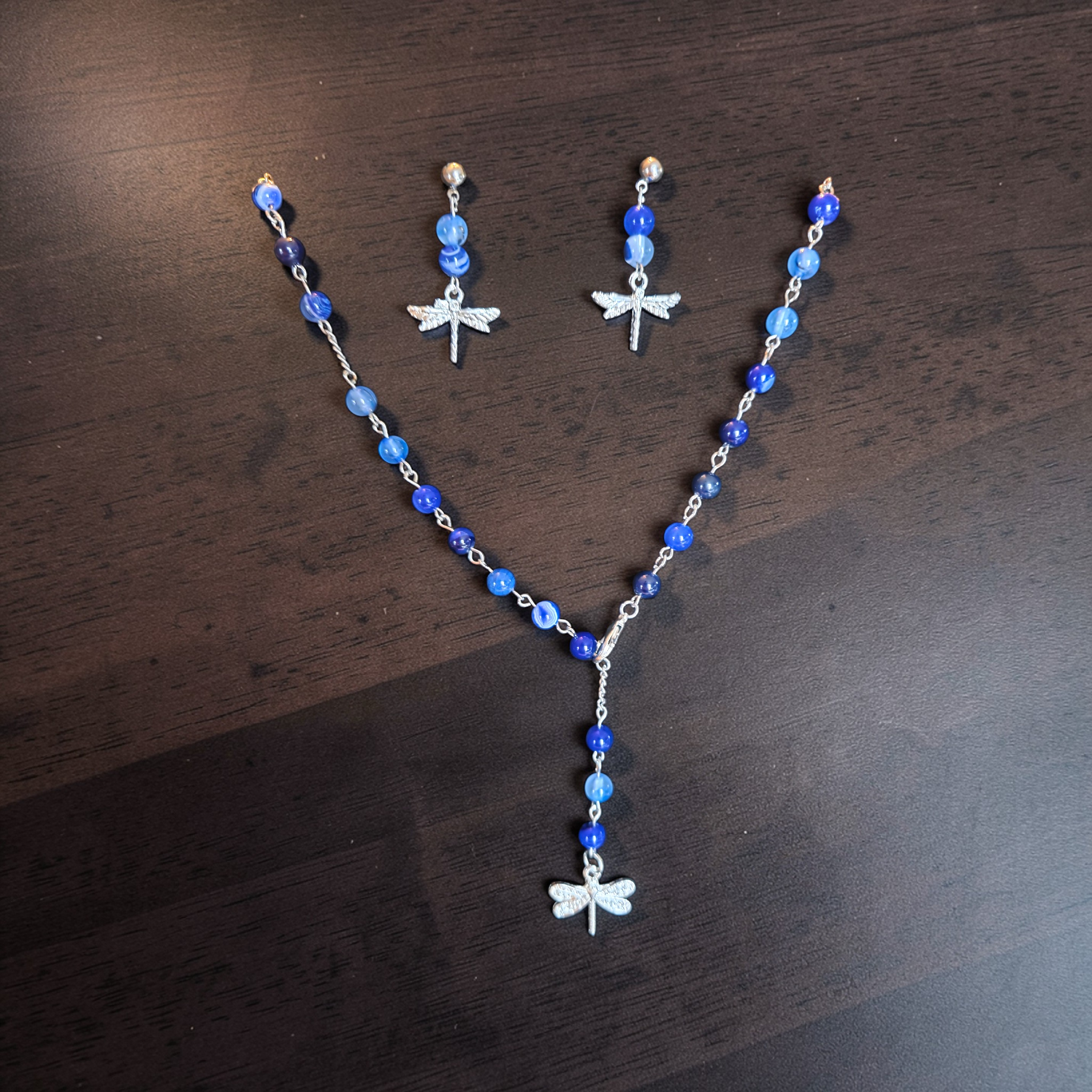Blue striped agate necklace and earring set