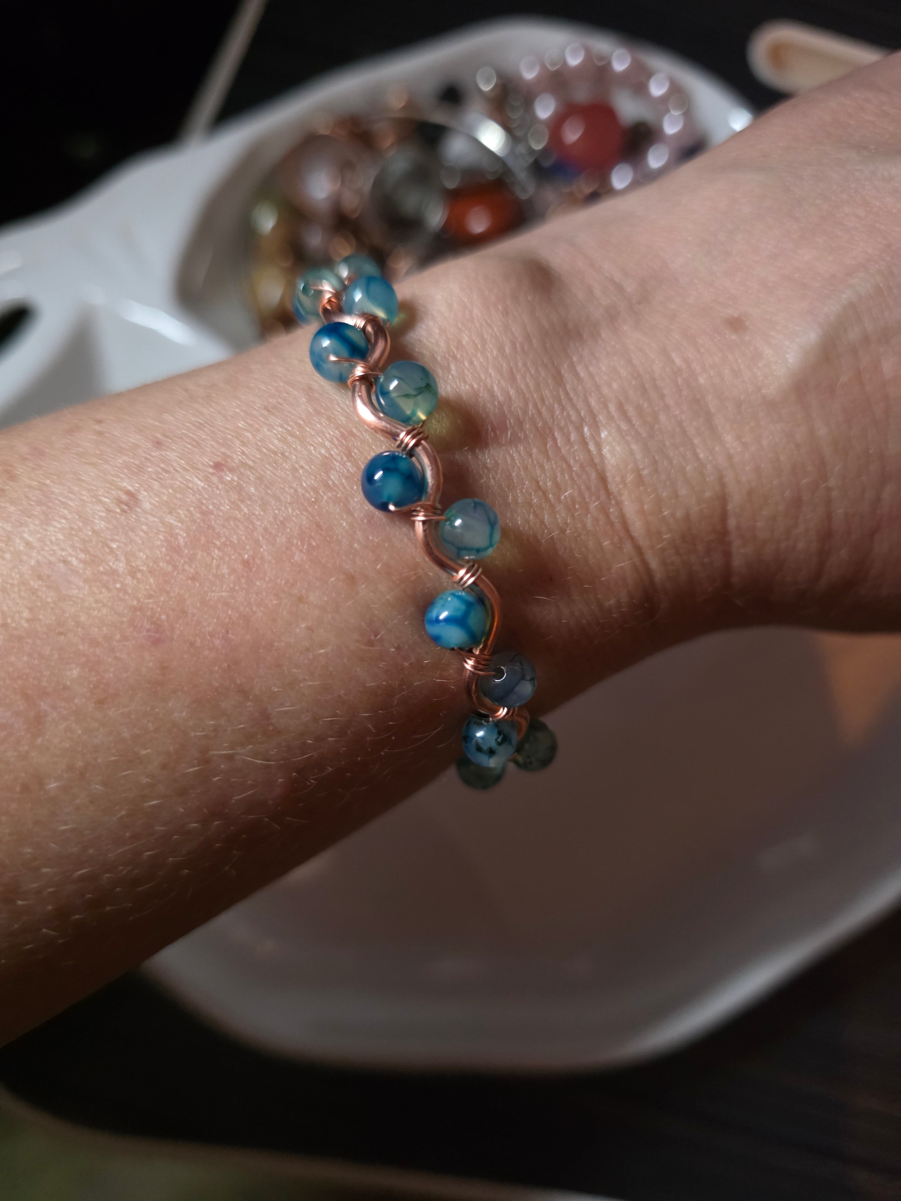 Dragon glass and copper hand wrapped wire bracelet