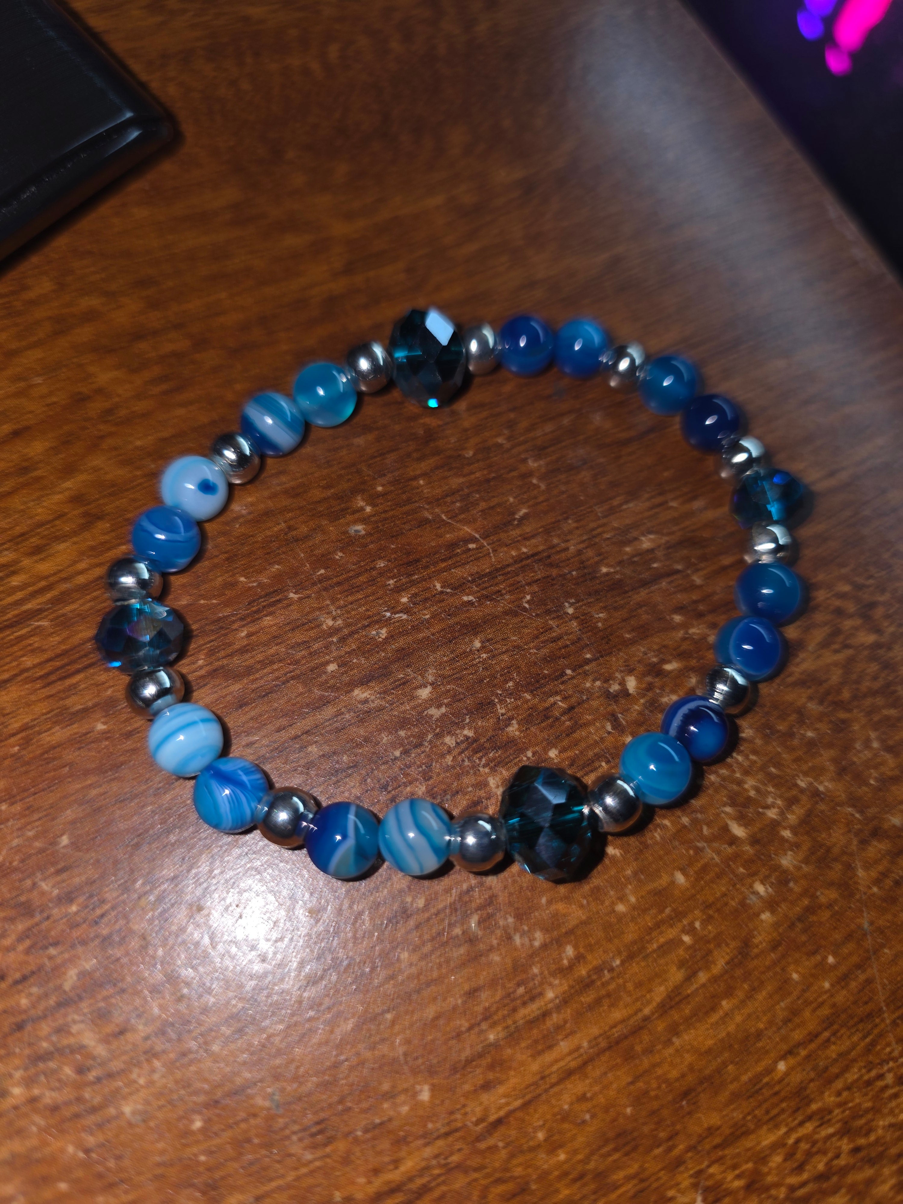 Hand made striped agate pair of stretch bracelets