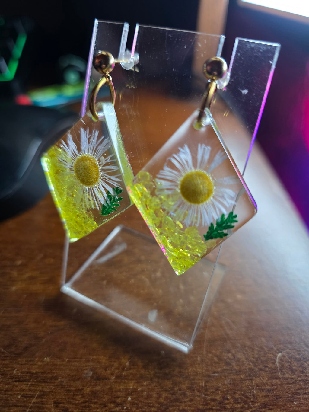 Floral resin earring dangle in yellow