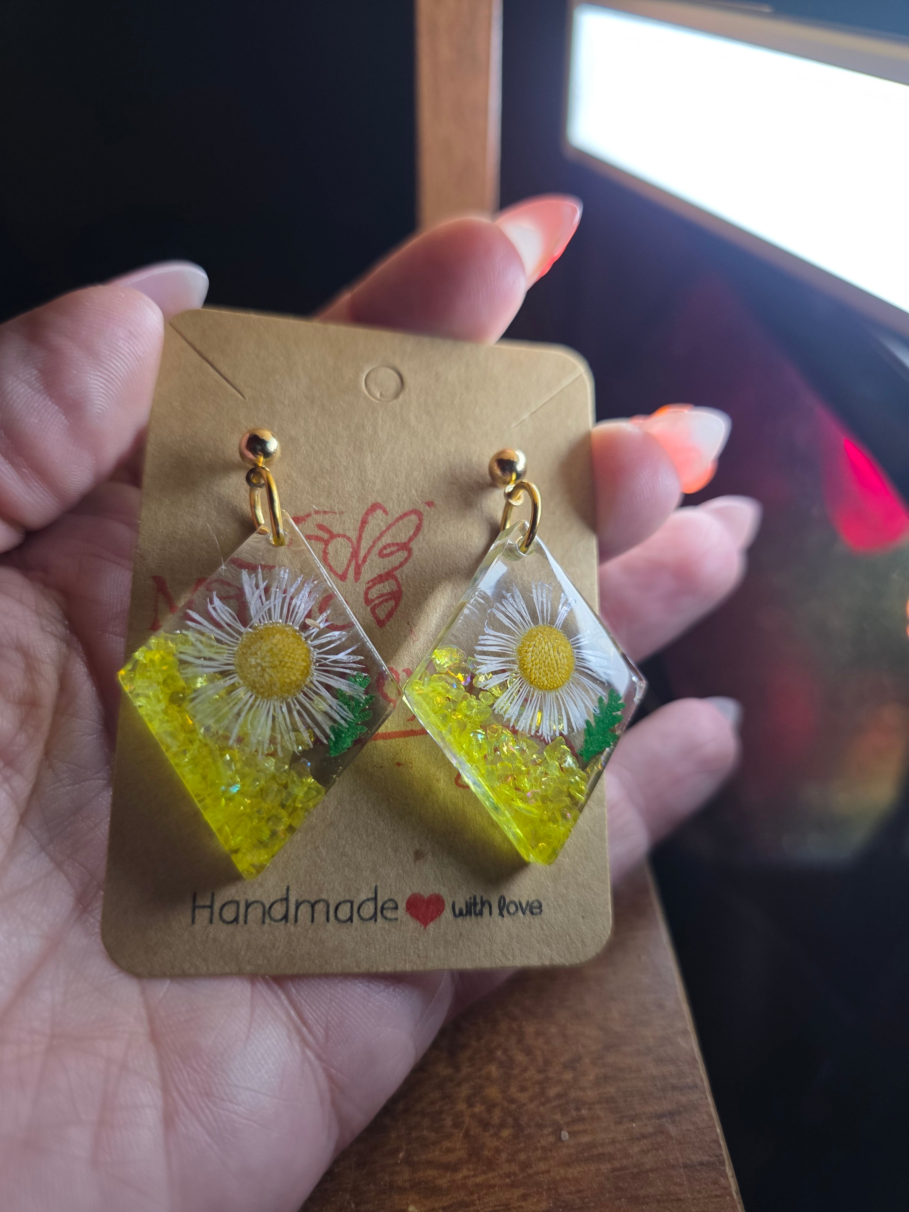 Floral resin earring dangle in yellow