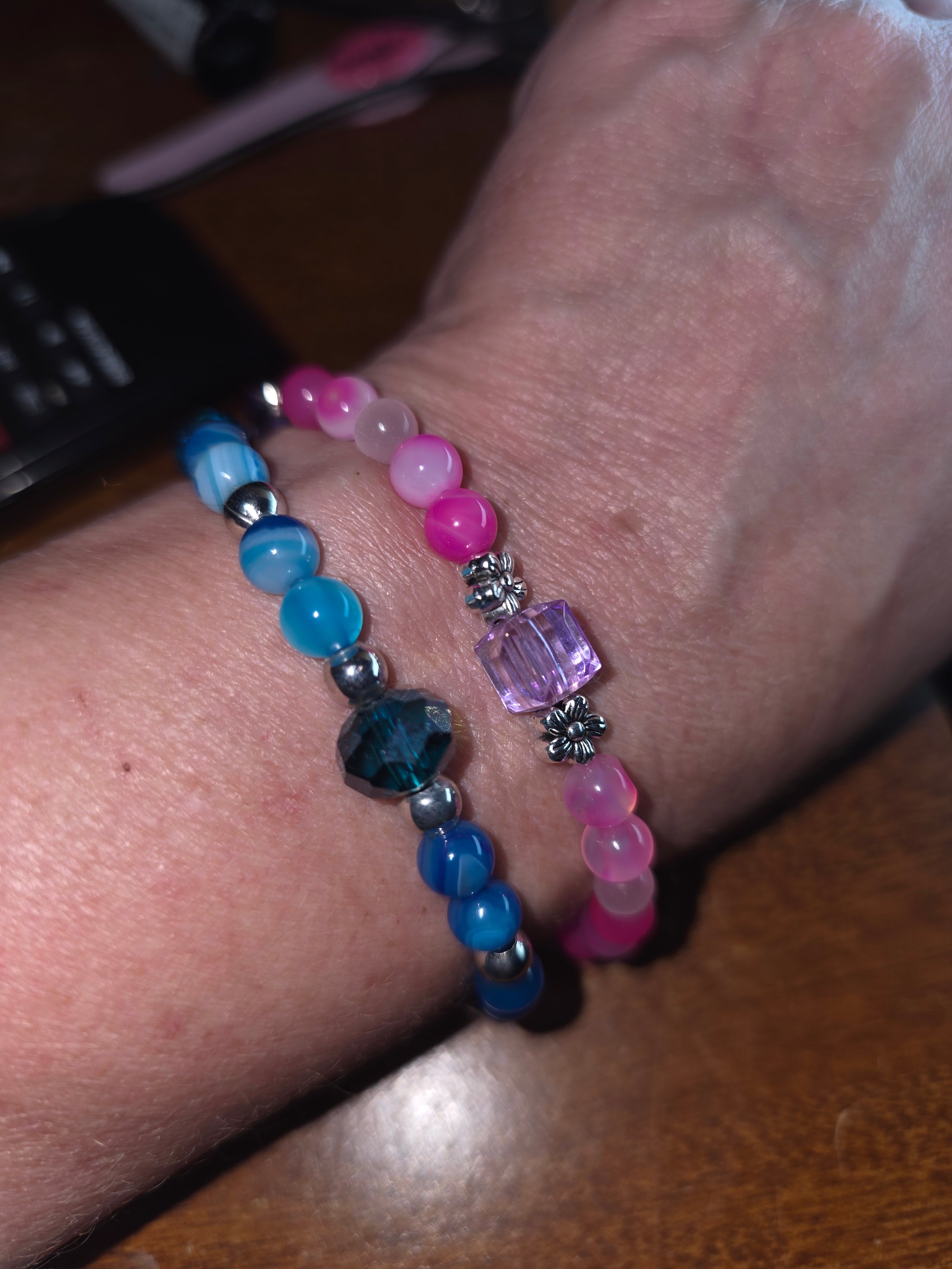 Hand made striped agate pair of stretch bracelets