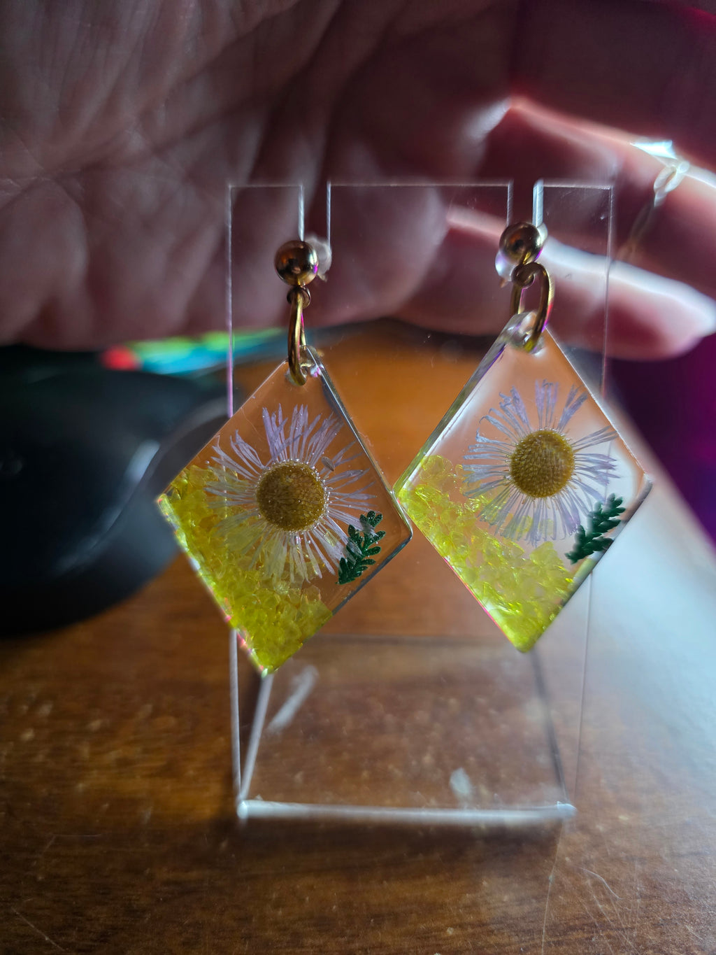 Floral resin earring dangle in yellow
