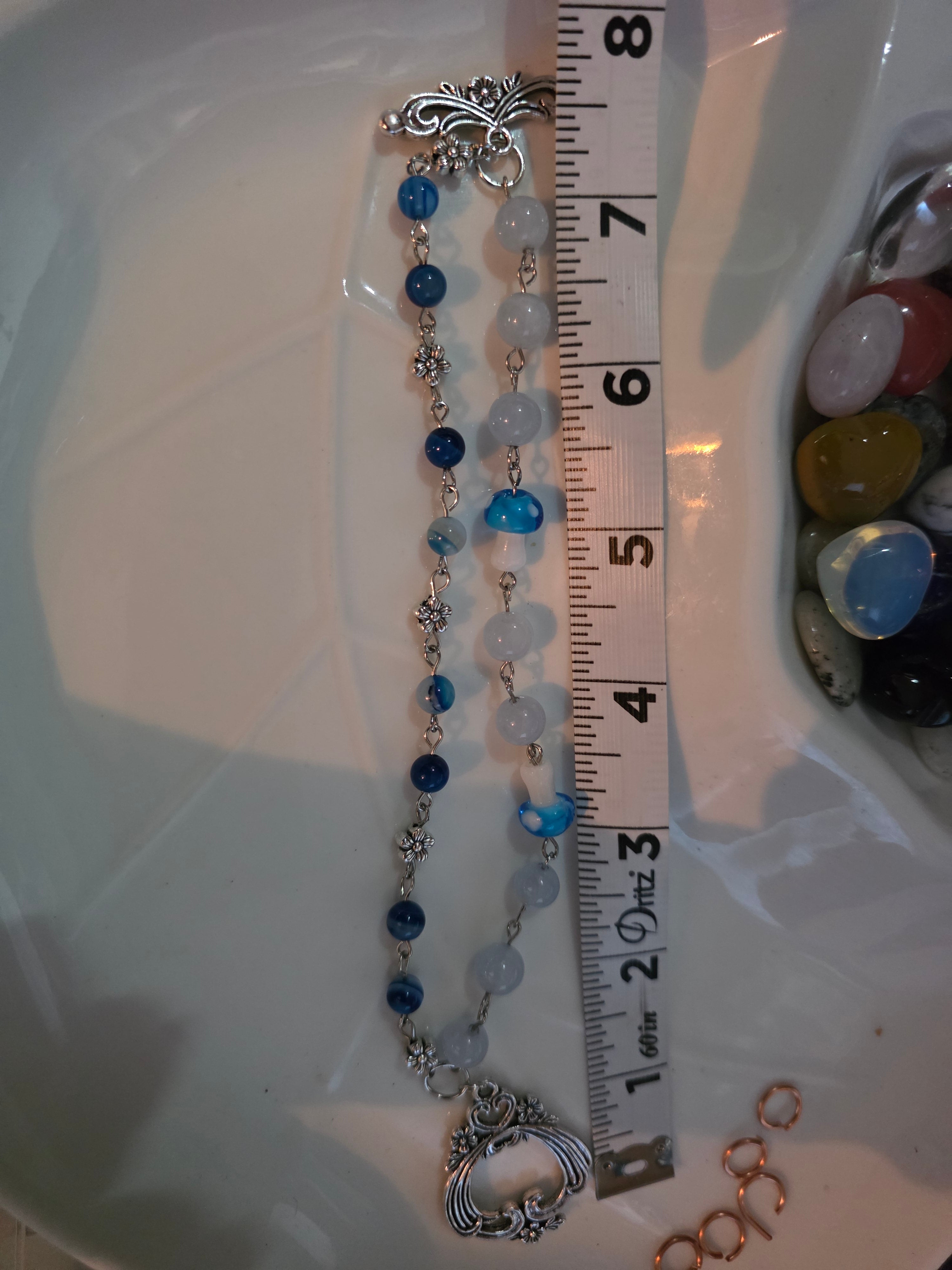 Blue striped agate and aquamarine mushroom bracelet