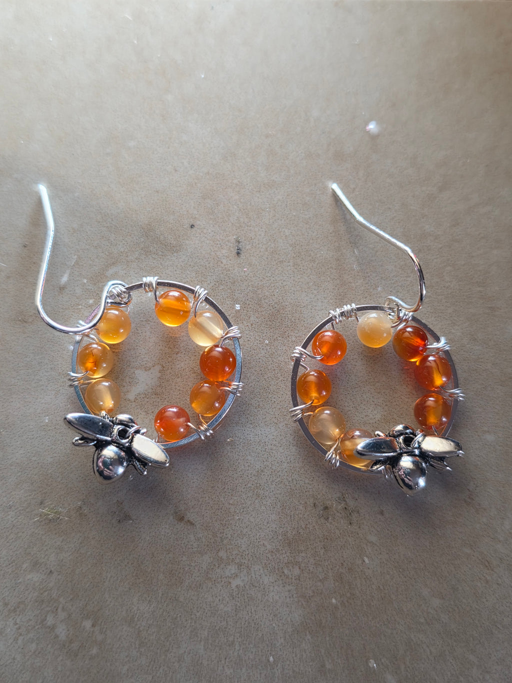 Carnelian bee circle earring