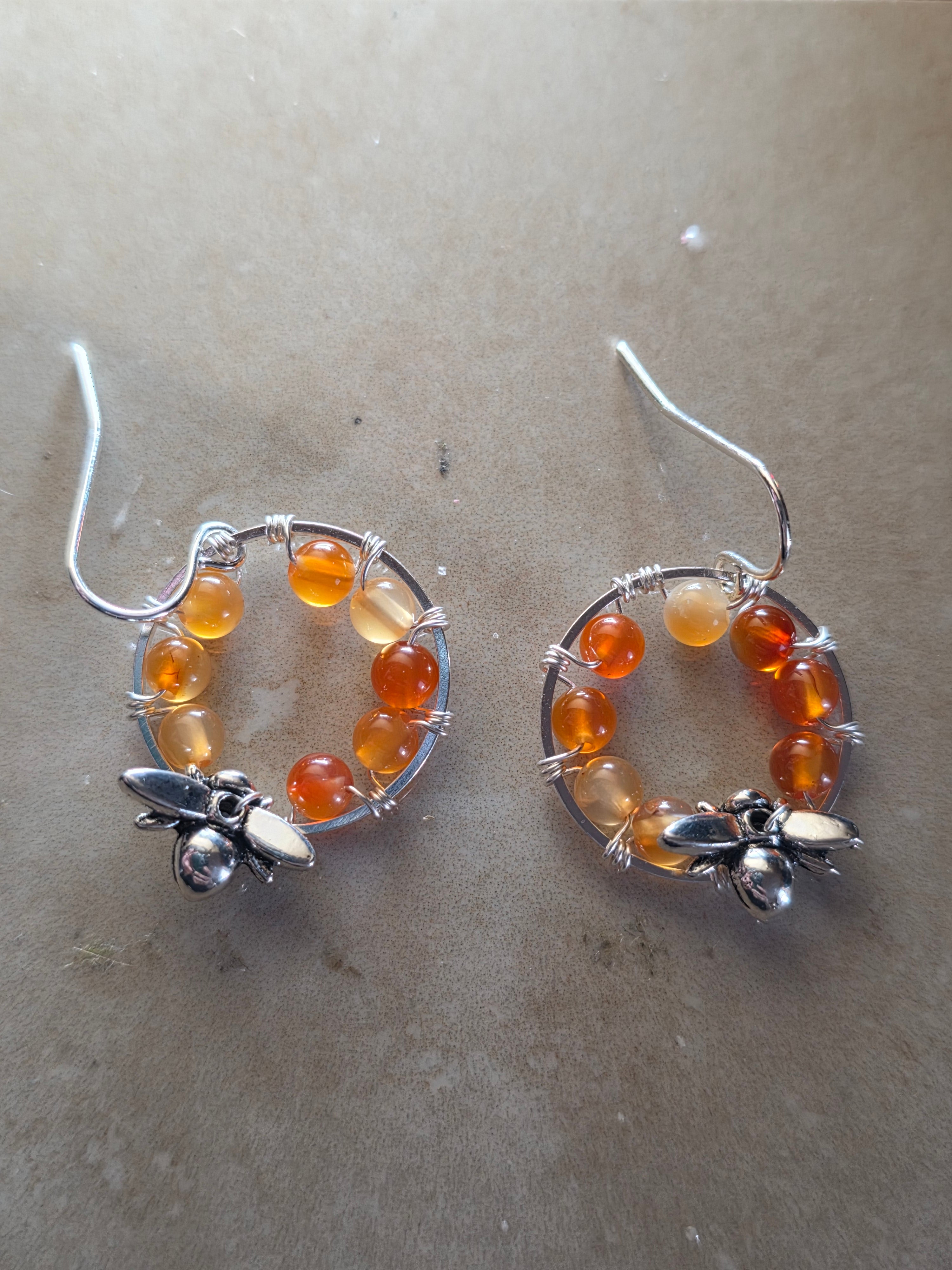 Carnelian bee circle earring