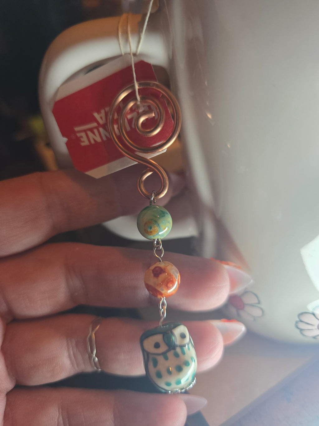 Whimsical owl tea dangle