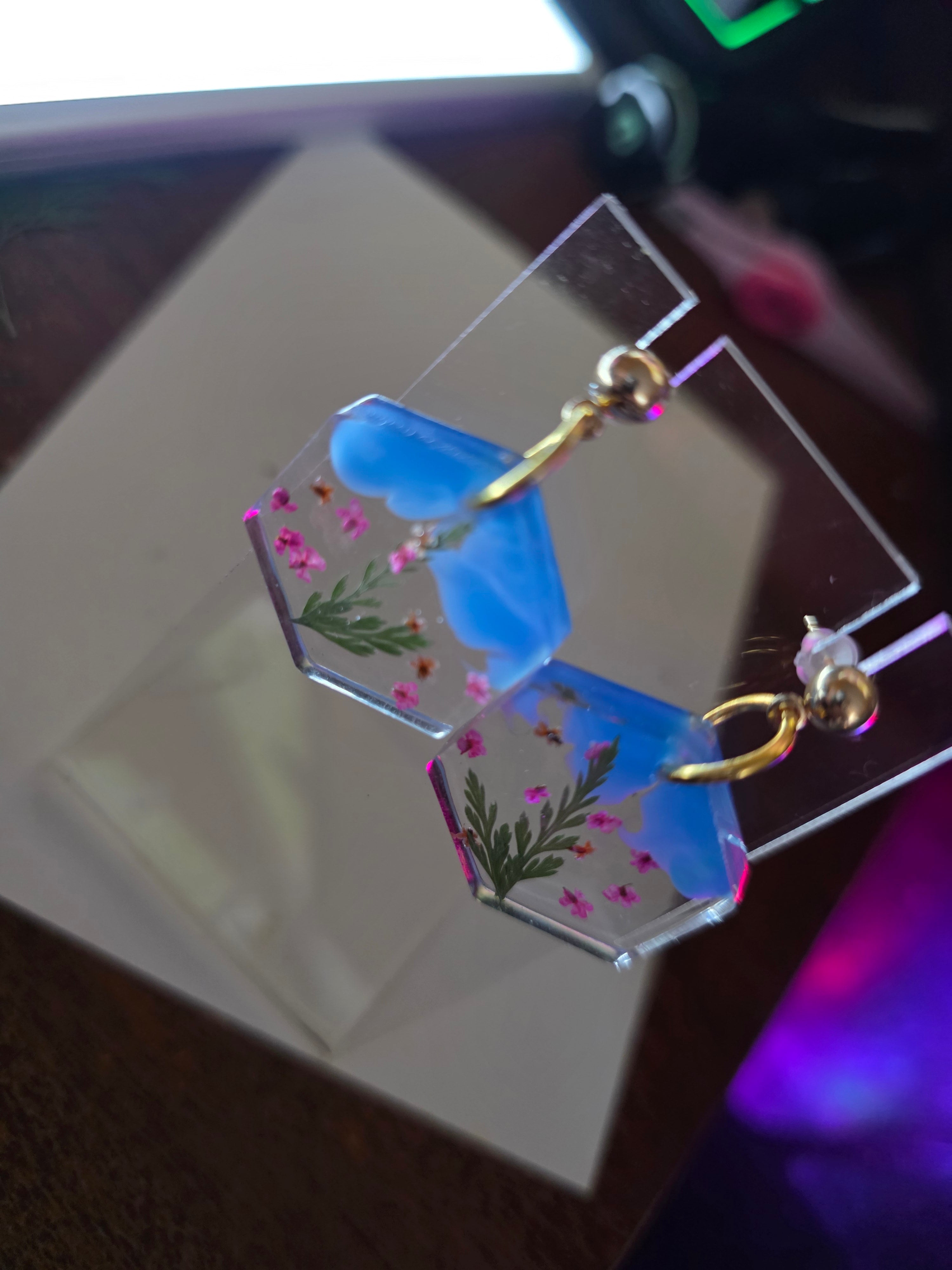 Hexagon floral resin earrings
